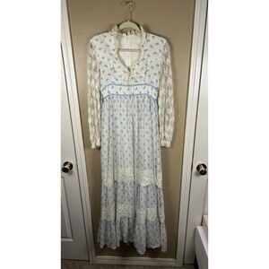 Women’s Prairie Maxi Lace Sleeves Blue White Floral 1970s No Tag S/M Cottage